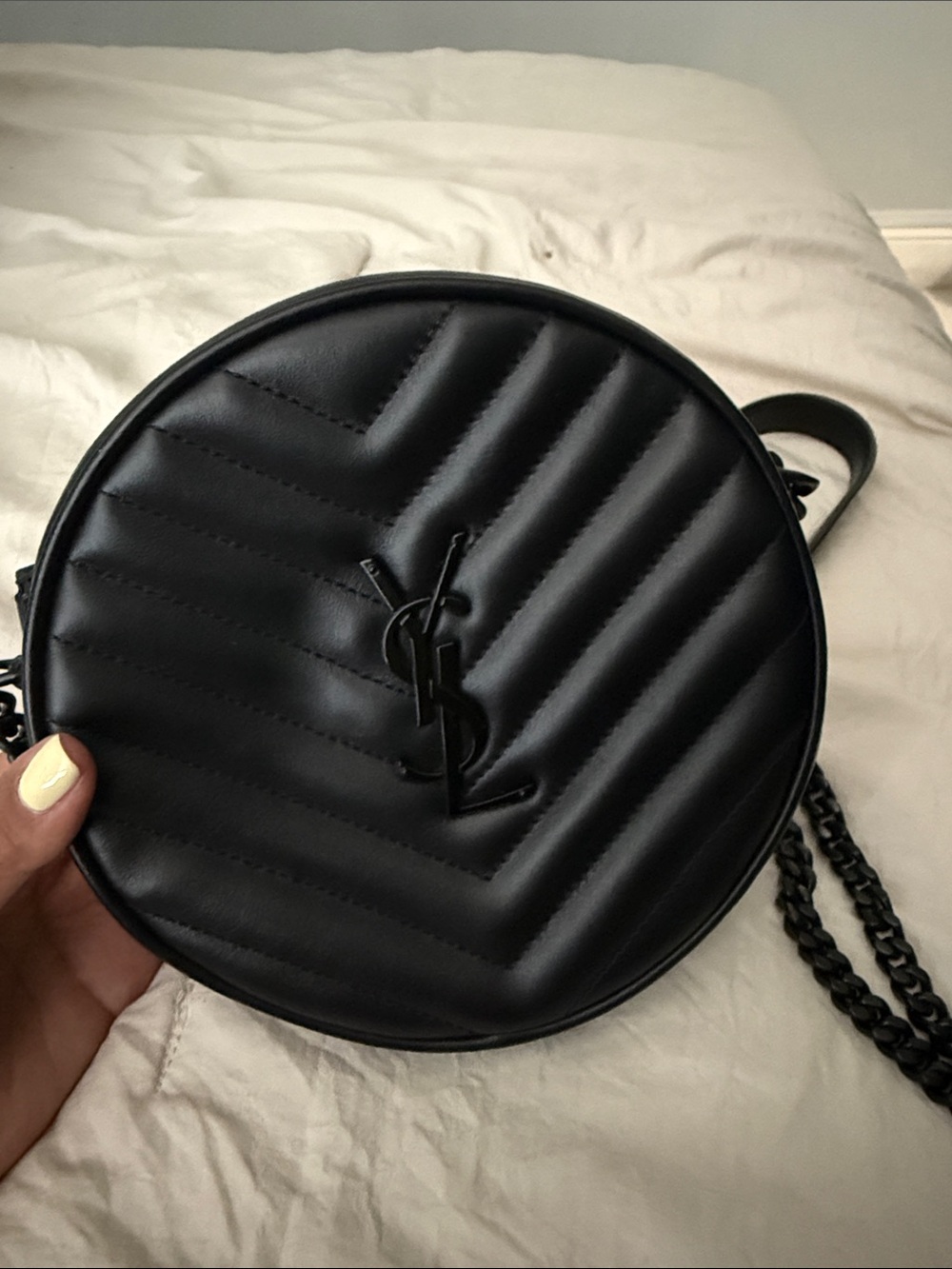 Saint Laurent Black Quilted Round Crossbody Bag with Monogram